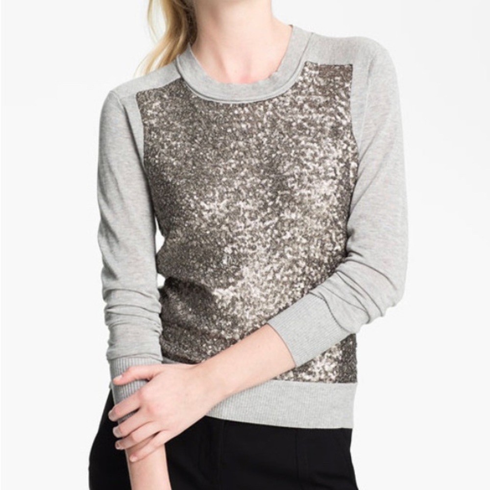 Diane Von Furstenberg Gray & Silver Sequin "Paryse" 100% Wool Sweater, Size‎ P